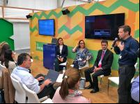 Side Event do WRI Brasil no Pavilhão Brasileiro, na COP22, em Marrakech. A partir da esq.: Viviane Romeiro, Branca Americano, Adriano Santhiago e Carlos Rittl (Foto: Juliana Speranza)