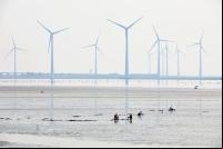 imagem mostra usinas de energia eólica em local alagado junto a pessoas ao fundo