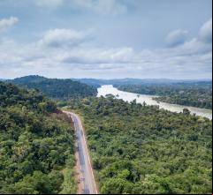 Vista aérea da floresta entrecortada pela BR 163 e o rio Jamanxim