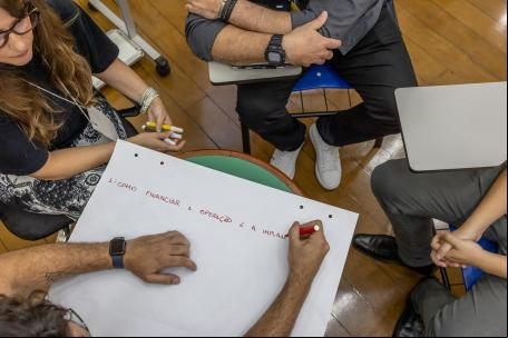 mãos escrevem em cartolina "como financiar o transporte coletivo?)