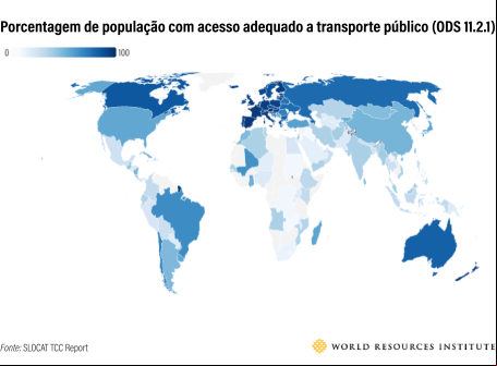 gráfico com mapa mundi mostra porcentagem de população com o adequado a transporte coletivo por país