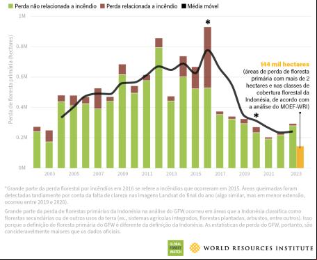 Perda de floresta primária na Indonésia, 2002 a 2023.
