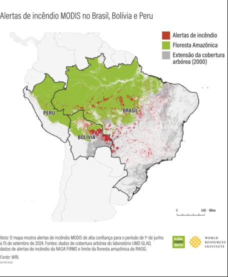 Mapa mostra alertas de incêndio no Brasil, Bolívia e Peru.