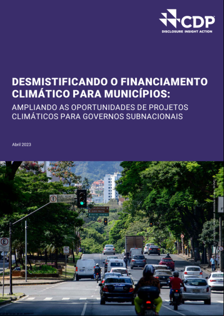 capa de publicação com logo escrito CDP, sobre  financiamento climático para municípios