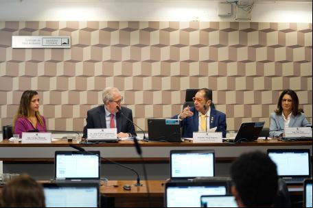 Carina Pimenta ao lado de João Paulo Capobianco, secretário executivo do Ministério do Meio Ambiente, Jorge Cajuru, senador, e Ana Toni, secretária nacional de Mudança do Clima em audiência na Comissão de Meio Ambiene do Senado Federal
