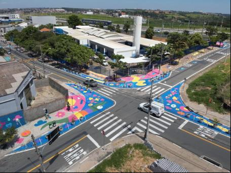 foto aérea de escola e esquinas com extensões de calçada lúdicas e coloridas pintadas no asfalto