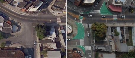 vista aérea antes e depois da implantação de extensões de calçada