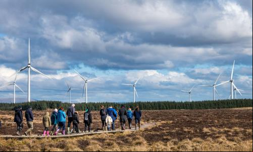 pessoas caminham próximas a usinas de energia eólica