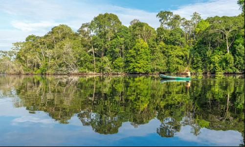 Um homem rema em sua canoa pelo Rio Amazonas