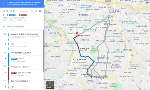 imagem de mapa do Google Maps com opções de transporte coletivo disponíveis para o trajeto
