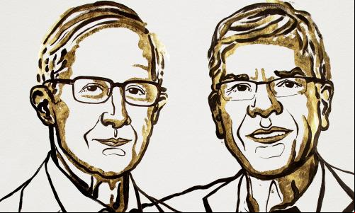 William D. Nordhaus e Paul M. Romer em ilustração de Niklas Elmehed (imagem: Nobel Assembly/Divulgação)